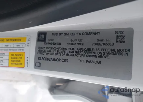 2022 Chevrolet Spark Fwd Ls Automatic z USA, uszkodzony, nr VIN KL8CB6SA8NC016364